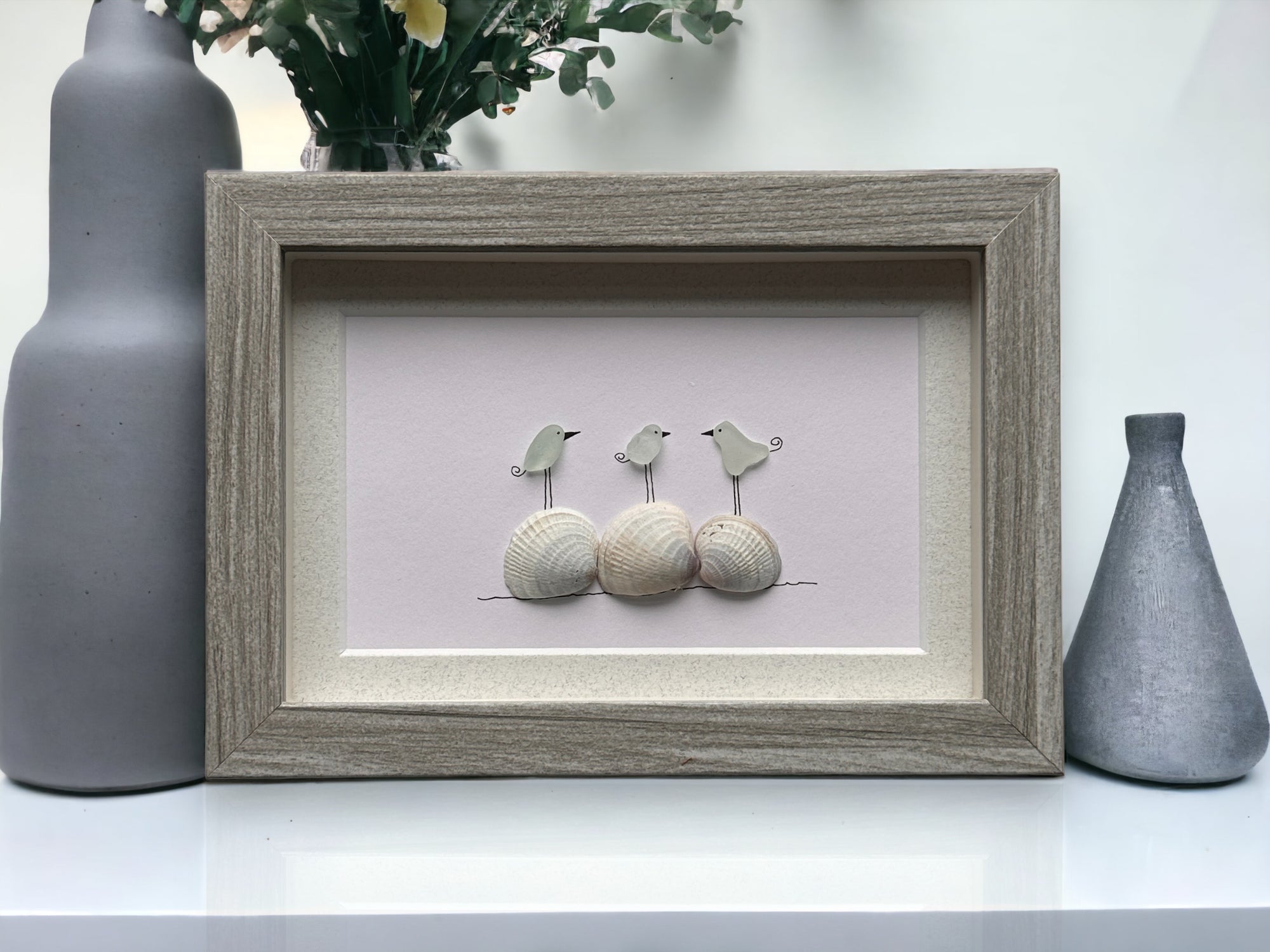 Three Sea Glass Birds on Shells Picture