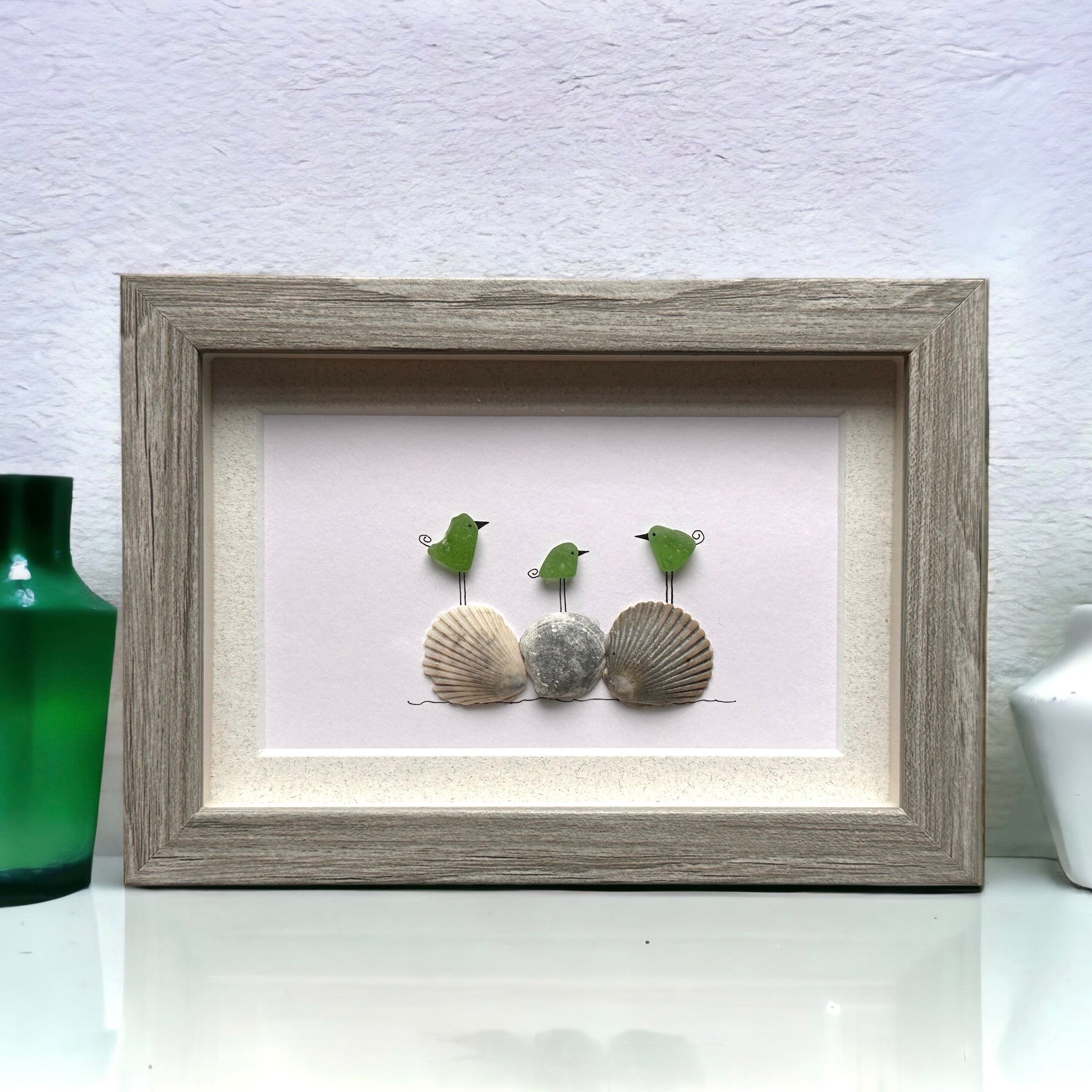 Three Sea Glass Birds on Shells Picture