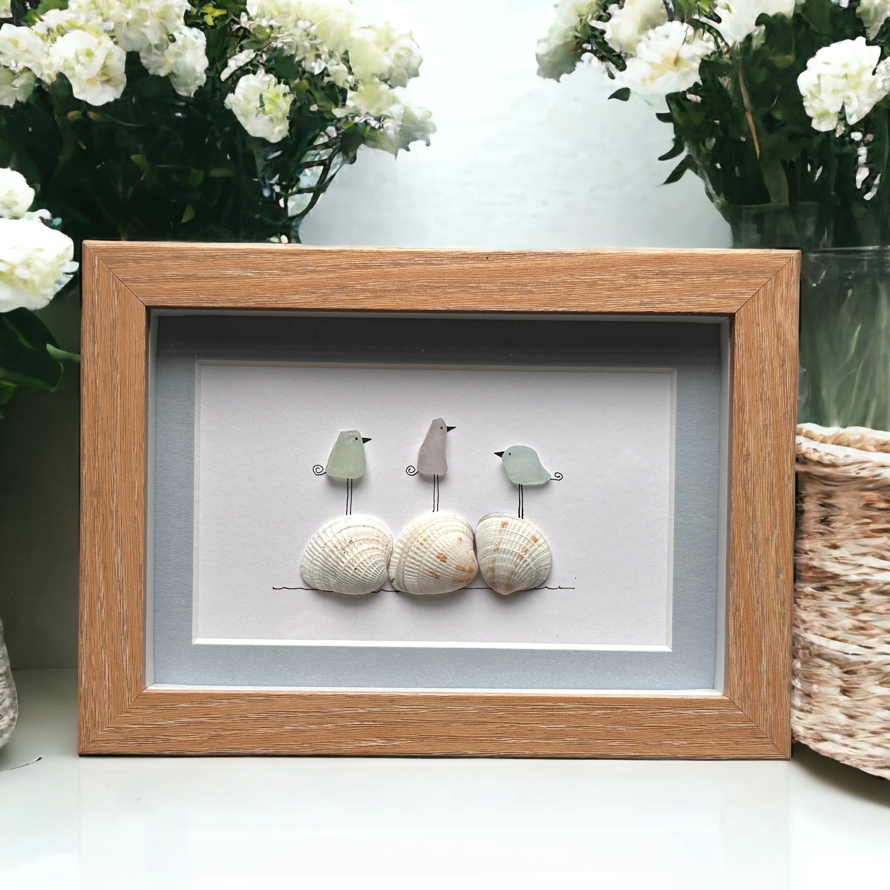 Three Sea Glass Birds on Shells Picture