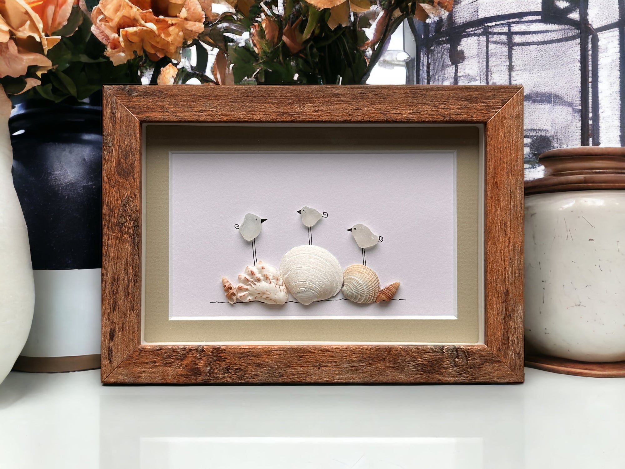 Three Sea Glass Birds on Shells Picture