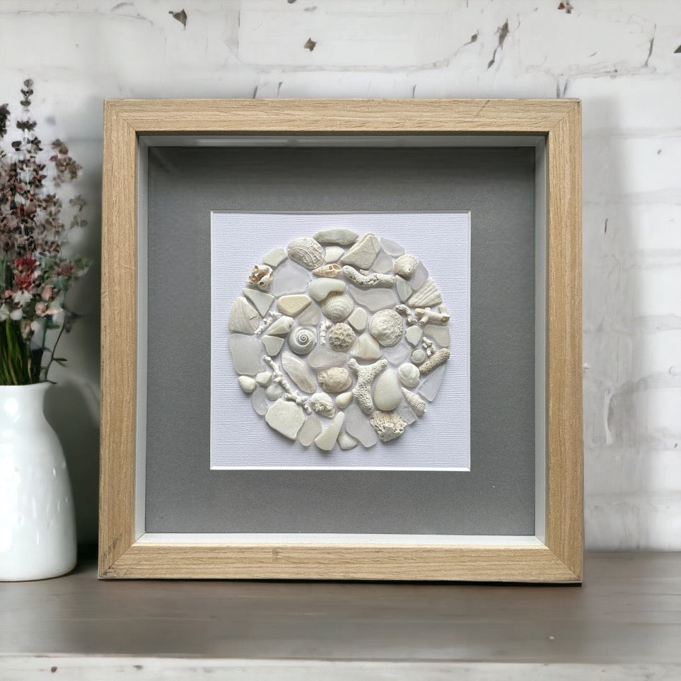 White Sea Glass, Coral, Shells & Pottery Mosaic Picture Mixed Media Art
