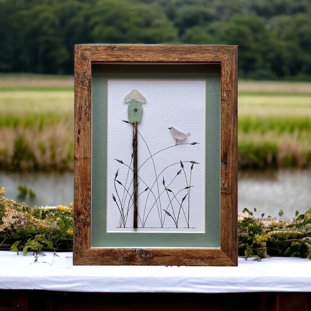 Sea Glass Bird with Birdhouse and Marsh Grasses Picture