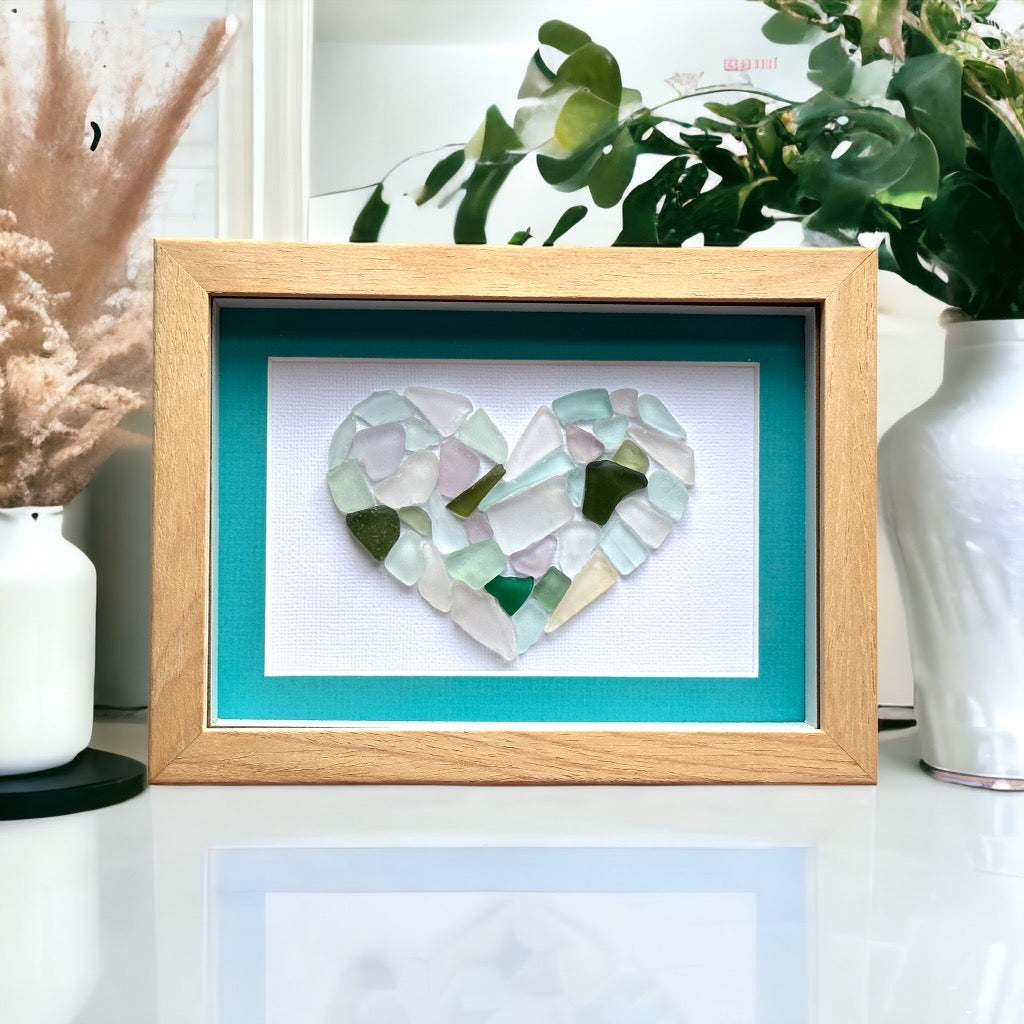 Blues and Greens Sea Glass Mosaic Heart Picture