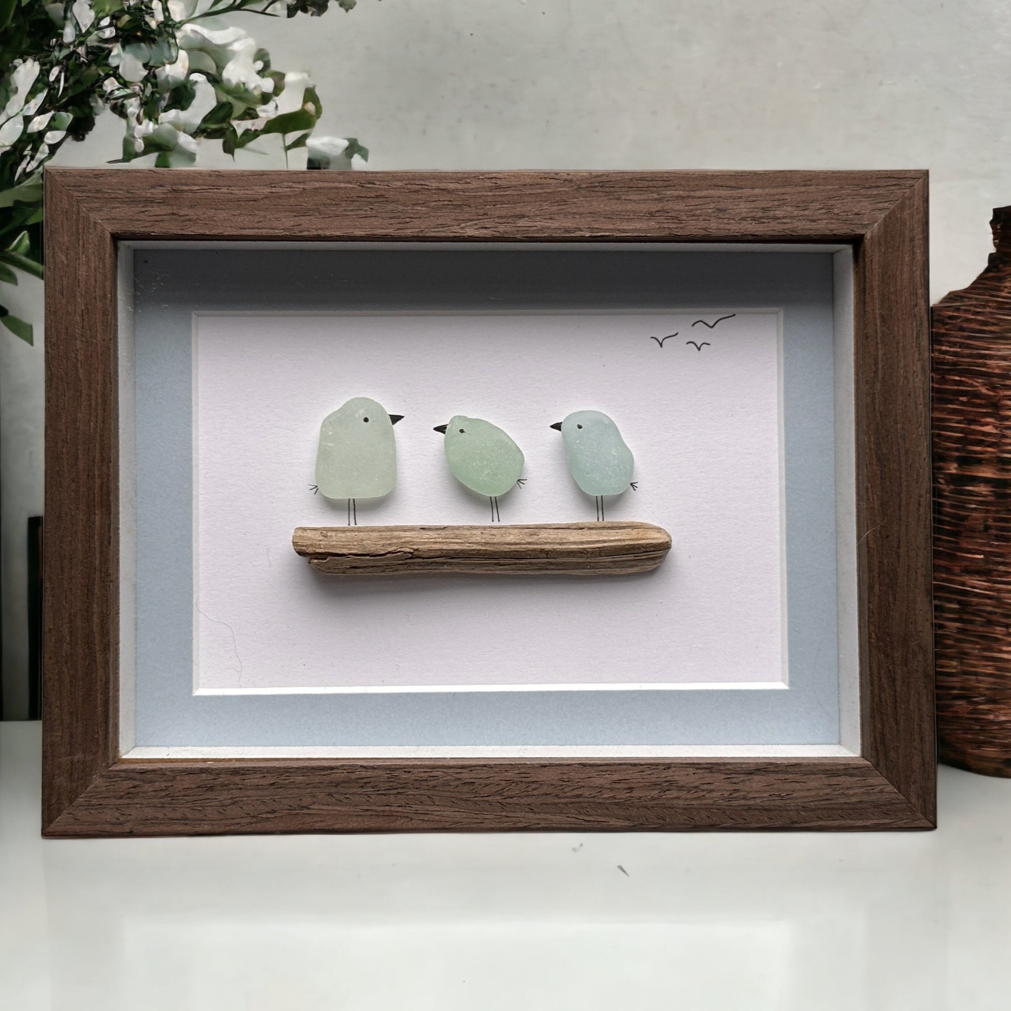 Three Sea Glass Birds on Driftwood Sea Glass Picture