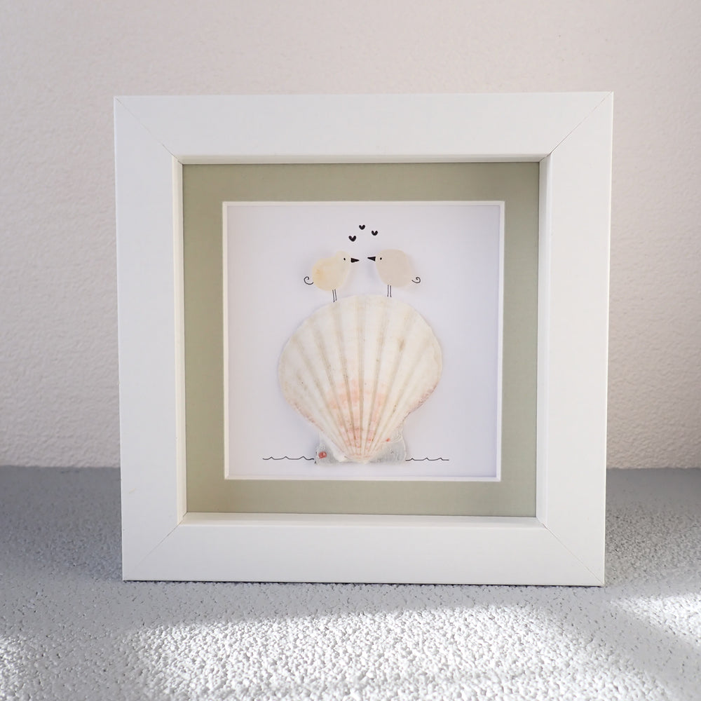 framed picture of purple Sea Glass Love Birds on Shells - Sea Glass Art Picture - Upcycled Art