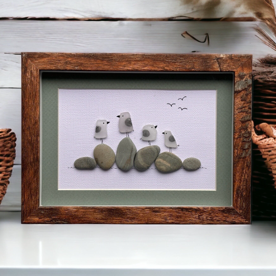 Four Sea Glass Seagulls on Rocks Family Picture