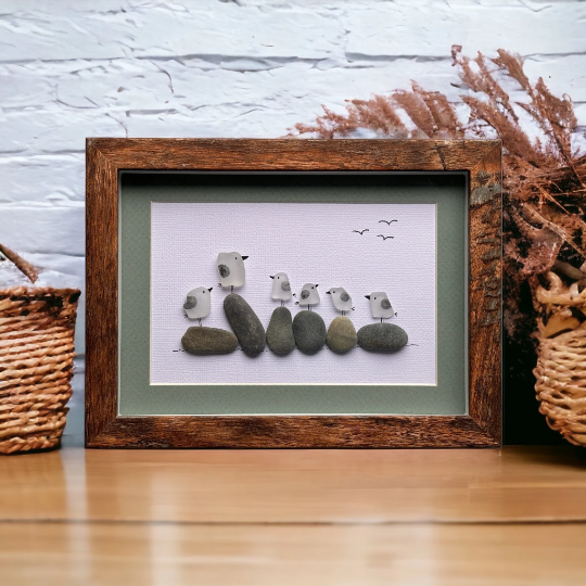 Six Sea Glass Seagulls on Rocks Family Picture