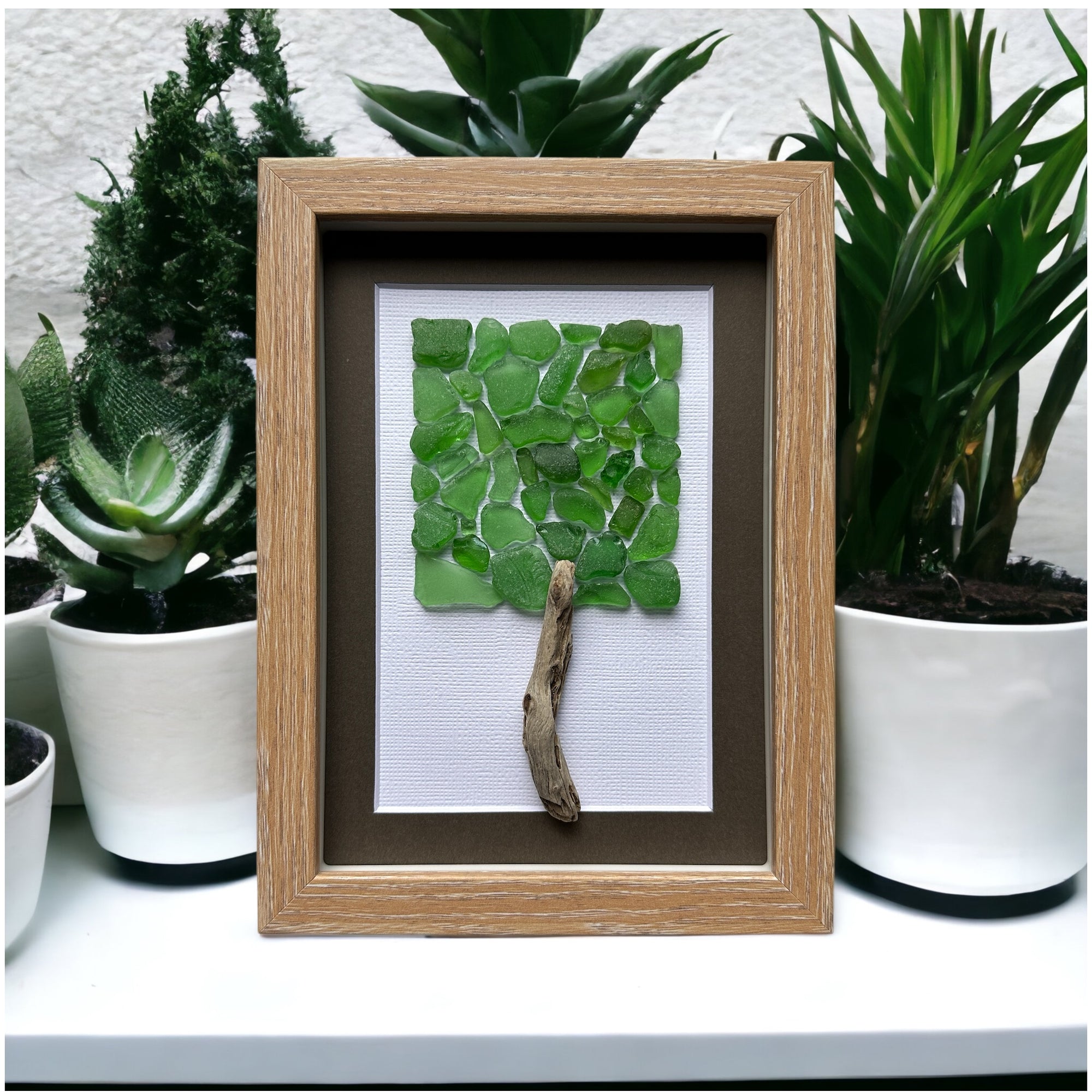 Driftwood Green Tree Sea Glass Picture